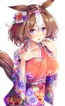  1girl absurdres ahoge akashio_(loli_ace) animal_ears antennae blush breasts brown_hair eyebrows_visible_through_hair floral_print hair_between_eyes hairband highres horse_ears horse_girl horse_tail japanese_clothes kimono large_breasts leaf leaf_on_head long_sleeves meisho_doto_(umamusume) open_mouth pink_hairband pink_kimono print_kimono short_hair simple_background solo tail umamusume upper_body violet_eyes white_background white_hair wide_sleeves 