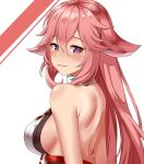  1girl absurdres bangs bare_back bare_shoulders blush breasts commentary_request eyebrows_visible_through_hair genshin_impact hair_between_eyes hair_flaps halterneck highres hoppo large_breasts long_hair looking_at_viewer pink_hair simple_background sleeveless smile solo upper_body violet_eyes white_background yae_(genshin_impact) 