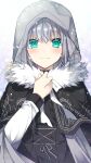  1girl aqua_eyes bangs black_cloak black_dress blush breasts cloak dress fate_(series) fur-trimmed_cloak fur_trim gray_(fate) grey_hair highres hood hooded_cloak long_hair long_sleeves looking_at_viewer lord_el-melloi_ii_case_files medium_breasts sakura_tsubame sidelocks smile solo 