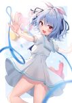  1girl :d bangs blue_hair blue_ribbon blurry blurry_background blush border commentary_request dress from_behind hair_between_eyes hair_ribbon hololive looking_at_viewer looking_back outstretched_arms puffy_short_sleeves puffy_sleeves red_eyes ribbon shirakawa4869 short_hair short_sleeves smile solo standing standing_on_one_leg thick_eyebrows thigh-highs twintails usada_pekora virtual_youtuber white_dress white_hair 