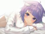  1girl absurdres ahoge animal_ear_fluff animal_ears ayama_nano bangs bed_sheet blush breasts cat_ears closed_mouth commentary_request eyebrows_visible_through_hair highres hololive large_breasts long_sleeves looking_at_viewer lying nekomata_okayu on_bed on_side purple_hair shirt short_hair simple_background sleeves_past_wrists smile solo violet_eyes virtual_youtuber white_background white_shirt 