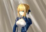  1girl absurdres ahoge artoria_pendragon_(fate) bangs blonde_hair blue_dress blue_ribbon blush closed_mouth clothing_cutout clouds dress eyebrows_visible_through_hair fate/grand_order fate/stay_night fate_(series) green_eyes hair_between_eyes hair_ribbon highres juliet_sleeves long_sleeves looking_at_viewer madoromi outdoors puffy_sleeves saber short_hair sidelocks smile solo upper_body 