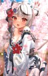  1girl bangs bare_shoulders blunt_bangs blush breasts cherry_blossoms choker collarbone flower grey_hair hair_bun hair_flower hair_ornament hairpin highres hololive japanese_clothes kimono large_breasts leaning_forward lipstick looking_at_viewer makeup multicolored_hair obi off-shoulder_kimono open_clothes open_kimono open_mouth red_eyes sakamata_chloe sash shrugging smile solo streaked_hair uuroncha virtual_youtuber wide_sleeves 