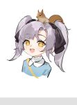  1girl aug_para_(girls&#039;_frontline) bangs blush eyebrows_visible_through_hair girls_frontline hair_ribbon light_purple_hair long_hair looking_at_viewer open_mouth ribbon smile smile_(mm-l) solo squirrel teeth twintails upper_body upper_teeth white_background yellow_eyes 