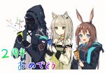  1other 2girls amiya_(arknights) animal_ear_fluff animal_ears arknights bangs bare_shoulders black_gloves black_jacket blue_eyes blush brown_hair choker collarbone commentary_request criss-cross_halter doctor_(arknights) dress eyebrows_visible_through_hair gloves green_choker green_dress hair_between_eyes halterneck highres holding hood hood_down hood_up hooded_jacket jacket kal&#039;tsit_(arknights) kokao358 long_hair long_sleeves low_ponytail multiple_girls off-shoulder_jacket off_shoulder open_clothes open_jacket party_popper ponytail rabbit_ears simple_background translation_request upper_body very_long_hair white_background white_jacket 