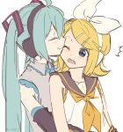  2girls ^^^ aqua_hair aqua_necktie arms_around_waist bangs bare_arms bare_shoulders black_collar black_sleeves blonde_hair blue_eyes bow closed_eyes collar detached_sleeves fang grey_shirt hair_bow hair_ornament hairclip hatsune_miku headphones hug hug_from_behind kagamine_rin kiss kissing_cheek long_hair m0ti multiple_girls neckerchief necktie one_eye_closed open_mouth sailor_collar school_uniform shirt short_hair sketch sleeveless sleeveless_shirt smile surprised swept_bangs twintails upper_body very_long_hair vocaloid white_background white_bow white_shirt yellow_neckerchief yuri 