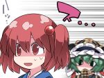  &lt;|&gt;_&lt;|&gt; 2girls bangs blue_dress commentary_request dress frilled_hat frills green_eyes green_hair hair_bobbles hair_ornament hammer_(sunset_beach) hat looking_at_another multiple_girls onozuka_komachi open_mouth red_eyes redhead rod_of_remorse shaded_face shiki_eiki short_hair touhou two_side_up upper_body 