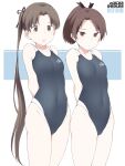  2girls anchor_symbol ayanami_(kancolle) bare_arms bare_legs bare_shoulders black_swimsuit brown_eyes brown_hair character_name clothes_writing collarbone eyebrows_visible_through_hair green_eyes groin kantai_collection long_hair multiple_girls one-piece_swimsuit open_mouth ponytail shigino_sohuzi shikinami_(kancolle) short_hair side_ponytail swimsuit 