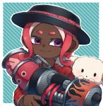  1girl absurdres agent_8_(splatoon) akr_tmr black_headwear dark-skinned_female dark_skin hat highres looking_at_viewer octoling pink_hair smile solo splatoon_(series) tentacle_hair thick_eyebrows upper_body violet_eyes 