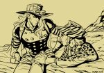  2boys animal_print beard cowboy_hat facial_hair goggles goggles_on_headwear gyro_zeppeli hat jojo_no_kimyou_na_bouken leopard_print long_hair male_focus marion-ville monochrome mountain_tim multiple_boys sitting steel_ball_run tiger_stripes 