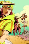  2boys beanie blue_eyes cow_skull gyro_zeppeli hat hood hoodie horse horseshoe johnny_joestar jojo_no_kimyou_na_bouken looking_afar marion-ville multiple_boys redhead road road_sign sign steel_ball_run 