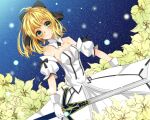  1girl artoria_pendragon_(all) black_bow blonde_hair bow breastplate caliburn dress eyebrows_visible_through_hair fate/grand_order fate/unlimited_codes fate_(series) faulds floating_hair ftotc_cs gauntlets green_eyes hair_between_eyes hair_bow hands_on_hilt highres long_hair looking_at_viewer outdoors petals ponytail saber_lily signature sleeveless sleeveless_dress solo standing white_dress 