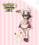  1girl :d alcremie alcremie_(strawberry_sweet) apron arm_up black_hair chef_hat commentary copyright_name dreambig dress eyelashes full_body grey_eyes hair_ornament hairclip hand_on_hip hat highres hikari_(pokemon) leg_warmers long_hair official_alternate_costume open_mouth outline oven_mitts pokemon pokemon_(creature) pokemon_(game) pokemon_masters_ex red_dress red_footwear red_mittens shoes short_sleeves sidelocks smile standing tongue watermark white_headwear yellow_apron 