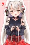  1girl absurdres alternate_costume amatsukaze_(kancolle) blush brown_eyes eyebrows_visible_through_hair heart heart-shaped_lock heart_lock_(kantai_collection) highres kantai_collection long_hair long_sleeves looking_at_viewer open_mouth pen_chou plaid plaid_skirt red_skirt silver_hair skirt smile solo two_side_up upper_body 