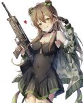  1girl bangs black_choker black_gloves black_shirt blush bow breasts brown_hair bullpup camouflage camouflage_jacket choker closed_mouth collarbone covered_navel double_bun eyebrows_visible_through_hair feet_out_of_frame fingerless_gloves fur-trimmed_jacket fur_trim girls_frontline gloves green_eyes gun hair_bow heart heart_print highres holding holding_gun holding_weapon jacket jacket_pull jewelry kel-tec_rfb kogarashi_kon licking_lips long_hair looking_at_viewer medium_breasts necklace open_clothes open_jacket rfb_(girls&#039;_frontline) rifle shirt smile solo standing tongue tongue_out weapon white_background 
