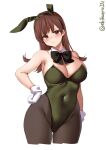  1girl :t alternate_costume animal_ears black_bow black_bowtie blush bow bowtie breasts brown_eyes brown_hair brown_legwear covered_navel cowboy_shot detached_collar ebifurya eyebrows_visible_through_hair fake_animal_ears gloves green_leotard hair_between_eyes highleg highleg_leotard highres kantai_collection large_breasts leotard long_hair one-hour_drawing_challenge ooi_(kancolle) pantyhose playboy_bunny rabbit_ears side-tie_leotard simple_background solo strapless strapless_leotard twitter_username white_background white_gloves wrist_cuffs 