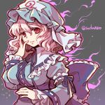  1girl artist_name aura breasts cherry_blossoms ghost grey_background hand_on_own_face hat large_breasts letter medium_hair open_mouth petals pink_eyes pink_hair ribbon saigyouji_yuyuko smile socha touhou veil 