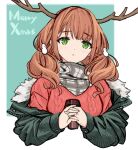  1girl antlers bangs blush brown_hair christmas cup eyebrows_visible_through_hair fur-trimmed_jacket fur_trim girls_frontline green_eyes green_jacket grey_scarf hair_ornament hairclip holding holding_cup howa_type_89_(girls&#039;_frontline) ingerdoll jacket jacket_pull long_hair looking_at_viewer merry_christmas official_alternate_costume open_clothes open_jacket red_sweater scarf simple_background solo sweater upper_body 