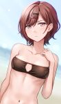  1girl arm_at_side bandeau bangs bikini black_bikini breasts brown_hair closed_mouth collarbone commentary_request eyebrows_visible_through_hair hair_ornament hairclip hand_up hashi higuchi_madoka idolmaster idolmaster_shiny_colors looking_at_viewer mole mole_under_eye navel short_hair small_breasts solo swimsuit upper_body violet_eyes 