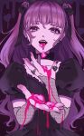  1girl absurdres blood blue_eyes bow gothic heart highres looking_at_viewer open_mouth original pale_skin pink_blood pink_hair ribbon shizukatou22 solo tongue tongue_out twintails yami_kawaii 