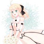  1girl artoria_pendragon_(all) black_bow blonde_hair bow breastplate dress eyebrows_visible_through_hair fate/grand_order fate/unlimited_codes fate_(series) faulds floating_hair gauntlets green_eyes hair_between_eyes hair_bow hands_on_hilt highres long_hair looking_at_viewer nael_(pixiv137873) outdoors petals ponytail saber_lily signature sleeveless sleeveless_dress solo standing white_dress 