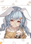  1girl :o absurdres animal_ear_fluff animal_ears bangs bare_shoulders blue_hair blue_ribbon braid brat brown_sweater carrot_hair_ornament character_name collarbone crying cup english_text eyebrows_visible_through_hair food-themed_hair_ornament glasses hair_ornament hair_ribbon highres holding holding_cup hololive long_hair long_sleeves looking_at_viewer mug multicolored_hair non-web_source off-shoulder_sweater off_shoulder page_number parted_lips rabbit_ears red_eyes ribbon short_eyebrows simple_background sleeves_past_wrists solo streaming_tears sweater tears thick_eyebrows twin_braids twintails two-tone_hair upper_body usada_pekora virtual_youtuber white_background white_hair 