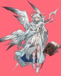  book chocolate_(jitong) feathered_wings full_body grey_eyes highres looking_at_viewer medal original pink_background staff white_footwear white_hair white_wings wings 