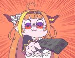  1girl :3 ahoge aiming_at_viewer anger_vein bkub_(style) finger_on_trigger gun hairband handgun holding holding_gun holding_weapon hololive horns kiryu_coco kukie-nyan long_hair looking_at_viewer multicolored_hair orange_background orange_hair pistol poptepipic red_eyes shaded_face solo streaked_hair twitter_username two-tone_hair upper_body violet_eyes virtual_youtuber weapon wide-eyed 