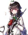  1girl bangs black_hair blush closed_mouth coat eyebrows_visible_through_hair flower gift girls_frontline gun hair_flower hair_ornament highres holding holding_gift jacket kogarashi_kon long_hair looking_at_viewer musical_note musical_note_print official_alternate_costume plaid plaid_scarf red_eyes rifle_on_back scarf solo submachine_gun type_100 type_100_(girls&#039;_frontline) type_100_(treasure_buried_deep_within)_(girls&#039;_frontline) upper_body weapon white_coat white_jacket 