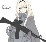  1girl 2021 an-94 an-94_(girls&#039;_frontline) assault_rifle bangs black_gloves blonde_hair eyebrows_visible_through_hair girls_frontline gloves green_eyes gun hairband holding holding_gun holding_weapon ingerdoll long_hair looking_at_viewer rifle solo tactical_clothes thank_you upper_body weapon white_background 