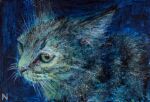  absurdres acrylic_paint_(medium) animal animal_focus artist_name blue_background cat closed_mouth commentary green_eyes highres nekodosaiun no_humans original painting_(medium) signature simple_background traditional_media upper_body 