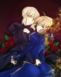  2girls ahoge artoria_pendragon_(all) black_background black_ribbon blonde_hair blouse blue_dress bow braid braided_bun breasts cleavage closed_eyes collarbone dress dual_persona fate/grand_order fate/stay_night fate_(series) faulds french_braid gauntlets green_eyes hair_ribbon heaven&#039;s_feel highres hug juliet_sleeves ladymarta long_sleeves multiple_girls open_mouth pale_skin puffy_sleeves ribbon saber saber_alter sea_of_eden short_hair sidelocks simple_background small_breasts white_hair yellow_eyes 