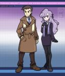  1boy 1girl anabel_(pokemon) bangs black_legwear brown_coat brown_eyes brown_footwear brown_hair brown_pants buttons closed_mouth coat collared_shirt commentary copyright_name dreambig frown full_body gloves hair_ribbon hand_in_pocket hand_up high_heels highres long_hair looker_(pokemon) pants pantyhose pokemon pokemon_(game) pokemon_bdsp purple_hair ribbon scarf shirt shoes short_hair sidelocks split_mouth standing watermark white_shirt 