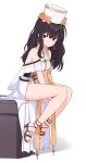  1girl black_hair breasts brown_eyes brown_footwear closed_mouth collarbone cross cross_earrings dungeon_and_fighter earrings eyebrows_visible_through_hair high_heels highres jagd jewelry long_hair looking_at_viewer medium_breasts sandals sitting solo 