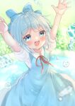  1girl :d absurdres arms_up ashino_chimado blue_bow blue_dress blue_eyes blue_hair blush bow cirno commentary_request day dress from_above hair_bow happy highres outdoors puffy_short_sleeves puffy_sleeves red_ribbon ribbon short_hair short_sleeves smile solo touhou water water_drop wing_collar 