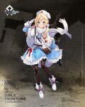  1girl ammunition_belt artist_name bangs belt black_legwear blonde_hair blue_dress blue_eyes blush boots braid brown_belt character_name closed_mouth commentary_request copyright_name dress eyebrows_visible_through_hair full_body girls_frontline gloves gun hair_ornament hairclip highres knife_holster long_hair looking_at_viewer official_art pantyhose papakha ppsh-41 ppsh-41_(girls&#039;_frontline) promotional_art salute scarf smile solo soviet_flag standing submachine_gun twintails weapon weapon_on_back white_footwear white_gloves white_headwear white_scarf 