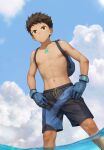  1boy abs backpack bag beitemian black_hair black_shorts blue_gloves blue_shorts brown_eyes closed_mouth clouds day gloves hands_on_hips highres jewelry male_focus navel necklace nipples outdoors partially_submerged pectorals rex_(xenoblade) short_hair shorts sky smile toned toned_male two-tone_shorts water xenoblade_chronicles_(series) xenoblade_chronicles_2 