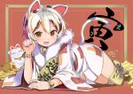  1girl adapted_costume animal_ears animal_print bangs bell blush bracelet calico cat_ears cat_girl cat_tail coin collarbone commentary_request fur_collar gesture gold goutokuji_mike happy jewelry jingle_bell koban_(gold) long_sleeves lying mallet maneki-neko miniskirt multicolored_clothes multicolored_hair multicolored_skirt multicolored_tail neck_bell open_mouth orange_background orange_eyes orange_nails patches paw_pose pleated_skirt puuakachan short_hair shrine skirt streaked_hair tail thigh-highs tiger_print touhou white_hair white_skirt wide_sleeves yellow_legwear 
