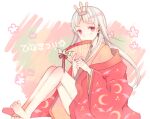  1girl animal_print arisie barefoot bat_print crown feet gensou_suikoden gensou_suikogaiden hairband hand_fan japanese_clothes kimono long_hair looking_at_viewer moon_(ornament) print_kimono red_eyes sierra_mikain silver_hair solo suikoden_ii white_hair 