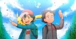  2boys :d ? alternate_color artist_name ash_ketchum backpack bag bangs baseball_cap black_hair blue_eyes brown_eyes chitozen_(pri_zen) closed_mouth clouds commentary_request confused day eyelashes goh_(pokemon) green_bag hair_ornament hat highres jacket long_sleeves male_focus mew multiple_boys on_shoulder open_mouth outdoors pikachu pointing pokemon pokemon_(anime) pokemon_(creature) pokemon_on_shoulder pokemon_swsh_(anime) shiny_pokemon shirt sky smile teeth tongue 