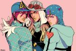  3boys beanie blue_eyes diego_brando feather_collar goggles goggles_on_headwear gyro_zeppeli hat helmet hood hoodie johnny_joestar jojo_no_kimyou_na_bouken long_sleeves male_focus marion-ville multiple_boys redhead scarf steel_ball_run striped striped_scarf yellow_lips 