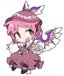  1girl animal_ears bird_ears bird_wings blush brown_dress brown_headwear chibi dress earrings eyebrows_visible_through_hair fang feathered_wings fewer_digits fingernails full_body grey_eyes hat ini_(inunabe00) jewelry long_sleeves mob_cap mystia_lorelei open_mouth pink_hair sharp_fingernails short_hair simple_background single_earring skin_fang smile solo touhou white_background winged_hat wings 