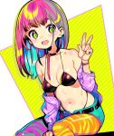  1girl bangs bare_shoulders belt bikini black_bikini blue_hair choker collarbone commentary_request eyebrows_visible_through_hair green_eyes highleg jacket looking_at_viewer multicolored_hair multicolored_pants navel off_shoulder onono_imoko open_clothes open_jacket open_mouth original pants pink_hair solo swimsuit v 