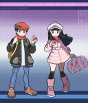  1boy 1girl :o alternate_costume backpack bag belt black_hair black_legwear boots buttons closed_mouth commentary copyright_name dreambig duffel_bag eyelashes floating_hair full_body grey_eyes hair_ornament hairclip hand_up hat highres hikari_(pokemon) holding holding_poke_ball long_hair long_sleeves lucas_(pokemon) orange_headwear orange_scarf outline over-kneehighs pants pink_bag pink_coat pink_footwear poke_ball poke_ball_(basic) pokemon pokemon_(game) pokemon_bdsp red_footwear scarf shoes short_hair sidelocks smile standing sweater thigh-highs watermark white_belt white_headwear yellow_bag 