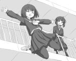  2girls :o ^_^ ^o^ arm_support bangs blazer blouse blush bob_cut bow bowtie closed_eyes dutch_angle eyebrows_visible_through_hair facing_viewer floating_hair from_below full_body greyscale hand_on_railing happy high-waist_skirt jacket jumping leaning_forward legs_apart legs_up looking_down midriff_peek miniskirt monochrome multiple_girls neckerchief open_hands open_mouth original outstretched_arms pantyhose pleated_skirt railing rooftop sailor_collar school_uniform serafuku shoe_soles shoes short_hair skirt smile spread_arms standing straight_hair suicide surprised uwabaki yuyuzuki_(yume_usagi) 