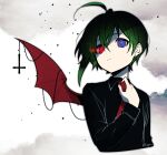  1boy adjusting_clothes adjusting_necktie ahoge bangs black_hair black_shirt closed_mouth collared_shirt cropped_torso cross demon_wings eyebrows_visible_through_hair glowing glowing_eye gradient_hair green_hair hair_between_eyes hand_up heterochromia highres indie_virtual_youtuber kagari_tuepesyu latin_cross male_focus multicolored_hair necktie red_eyes red_necktie red_wings sakura_chiyo_(konachi000) shirt solo upper_body violet_eyes virtual_youtuber wings 