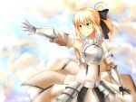  1girl armor armored_dress artoria_pendragon_(all) black_bow blonde_hair bow breastplate dress eyebrows_visible_through_hair fate/grand_order fate/unlimited_codes fate_(series) faulds floating_hair gauntlets green_eyes hair_between_eyes hair_bow hands_on_hilt highres long_hair looking_at_viewer outdoors petals ponytail saber_lily signature sleeveless sleeveless_dress solo standing sunflower8780 white_dress 