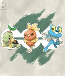  black_eyes bright_pupils closed_mouth colored_sclera commentary creature dreambig froakie frown highres no_humans open_mouth outstretched_arms pokemon pokemon_(creature) smile torchic turtwig watermark white_pupils yellow_sclera 