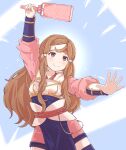  1girl arm_up armor breastplate brown_eyes brown_hair fire_emblem fire_emblem_fates hana_(fire_emblem) hand_fan headband highres holding holding_fan japanese_clothes kutabireta_neko long_hair outstretched_hand smile solo upper_body white_headband 