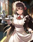 1girl apron bangs blurry blurry_background blush breasts brown_hair buttons closed_mouth collared_dress commentary cup depth_of_field dress feet_out_of_frame frilled_apron frills green_eyes headdress holding holding_tray juliet_sleeves large_breasts lifted_by_self long_hair long_sleeves looking_at_viewer maid maid_apron maid_headdress mookyuu9 neck_ribbon original puffy_sleeves red_ribbon ribbon shiny shiny_hair sleeve_cuffs smile solo standing sunlight teacup teapot tray white_apron window wing_collar 